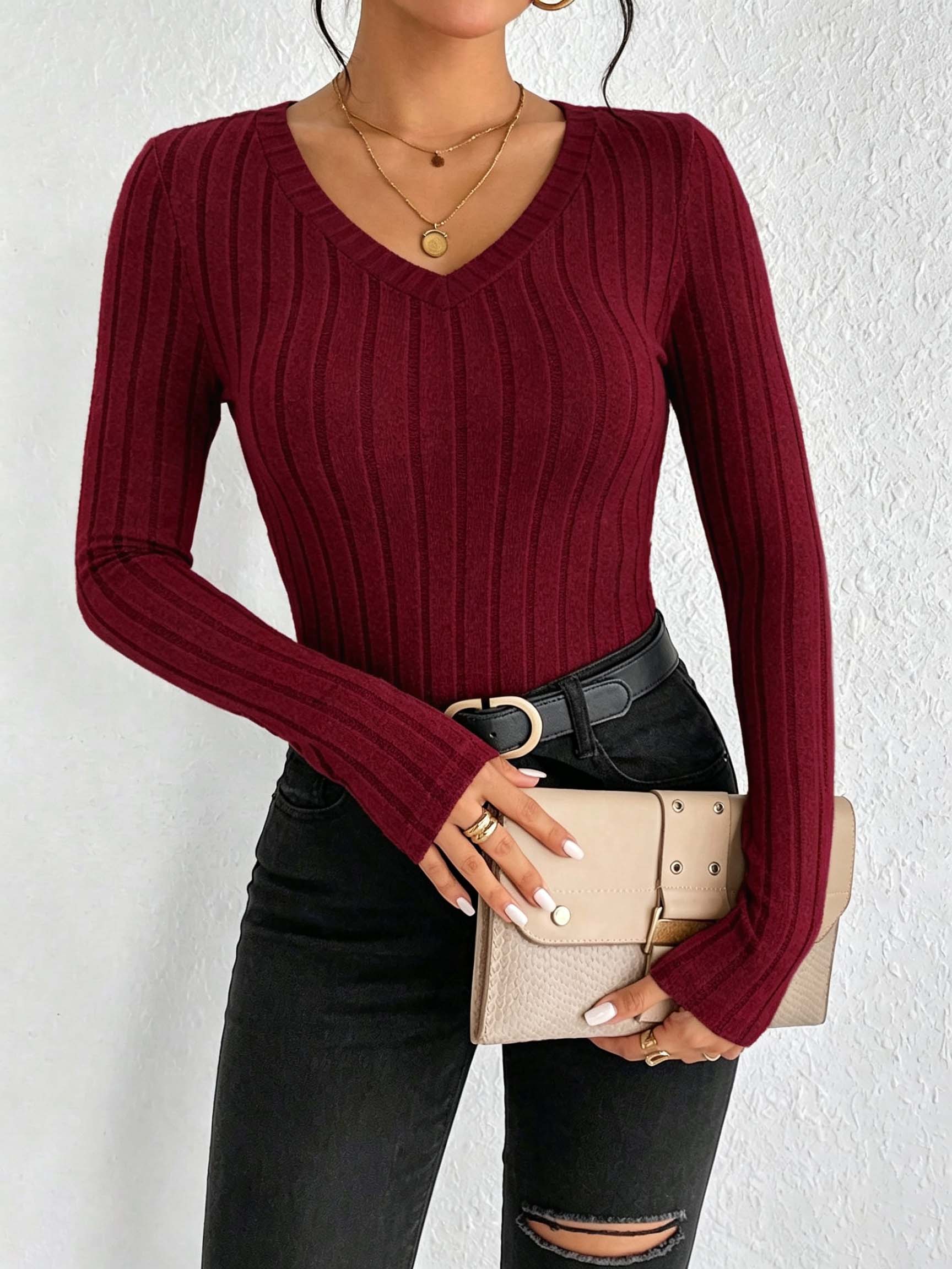 Women Solid V‑Neck Ribbed Knit - Wallpaper 评论和价格