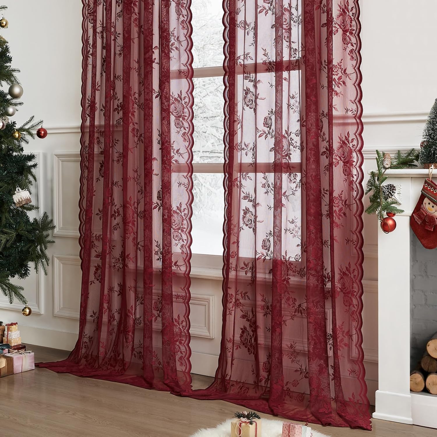 1 PC Burgundy Lace Curtains 45 - Curtain Rods 评论和价格